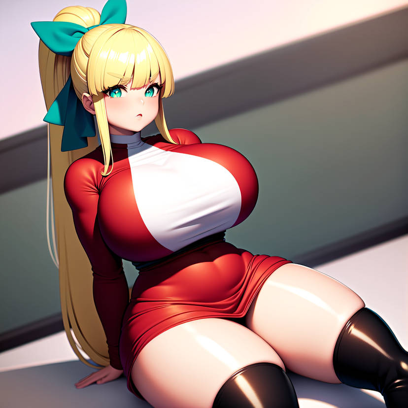 1girl 1girl aged_up ai_generated alternate_body_type alternate_breast_size big_breasts big_breasts black_thighhighs blonde_hair boots capcom curvaceous curves curvy_body curvy_female curvy_hips dress_shirt eyes female_focus female_only gigantic_breasts green_eyes green_hair_bow hair_tied hourglass_figure huge_breasts light-skinned_female light_skin mega_man mega_man(classic) roll sitting sitting_down thick_thighs thighs thunder_thighs voluptuous voluptuous_female wide_hips