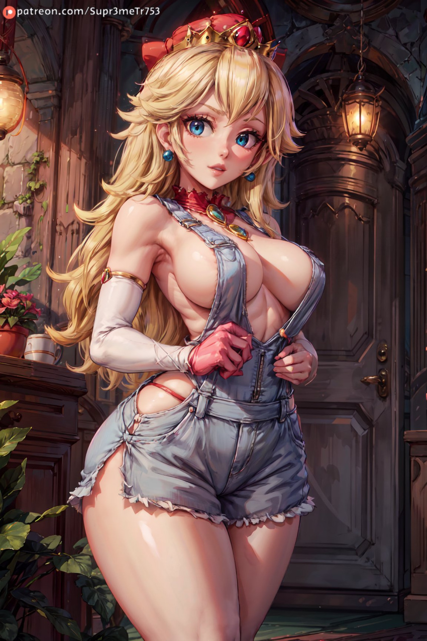 1girl ai_generated alternate_clothing alternate_costume apron apron_only big_breasts blonde_hair blue_eyes breasts cleavage clothing curvaceous curvy curvy_body curvy_female curvy_figure denim_clothing denim_overalls female female_only indoors long_hair looking_at_viewer mario_(series) nintendo no_bra overalls plumber princess_peach sideboob small_waist solo standing super_mario_bros. supr3metr thick_thighs thighs wide_hips work_clothes