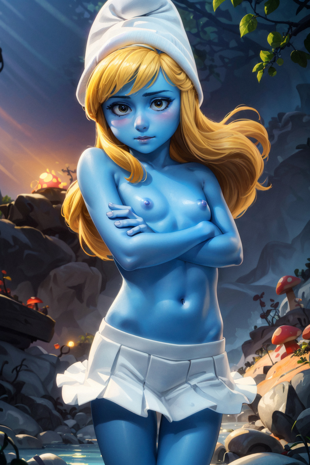 1girl ai_generated arms_crossed blonde_hair blue_skin brown_eyes female_focus long_hair looking_at_viewer miniskirt navel nipples small_breasts smurfette the_smurfs topless younger_female