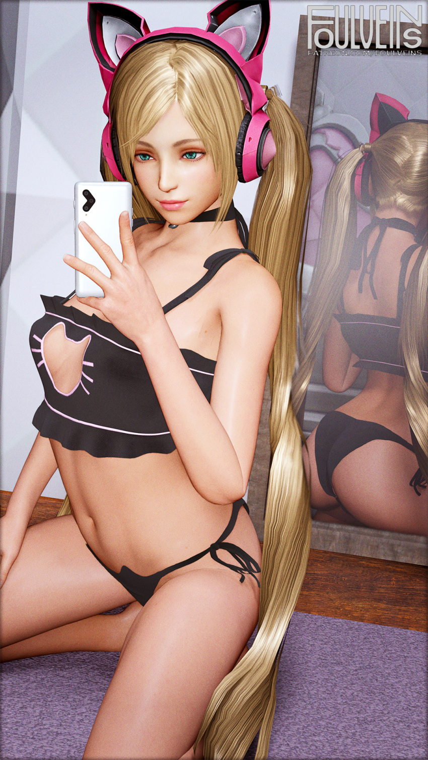 1girl alluring bedroom blonde_hair blue_eyes breasts cat_ear_headphones cleavage foulveins lingerie lucky_chloe mirror namco on_knees selfpic selfpic tekken underwear