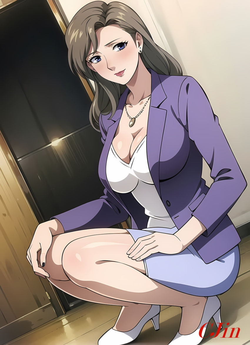 1_female 1_girl 1girl ai_generated breasts business_suit chibo cjin feet female female_focus female_human female_only female_solo fujino_ninno heeled_shoes heels heels_only high_heels legs long_hair mature mature_female mature_woman milf mom mommy mother mother_knows_breast necklace shirt shoes skirt squat squatting tank_top