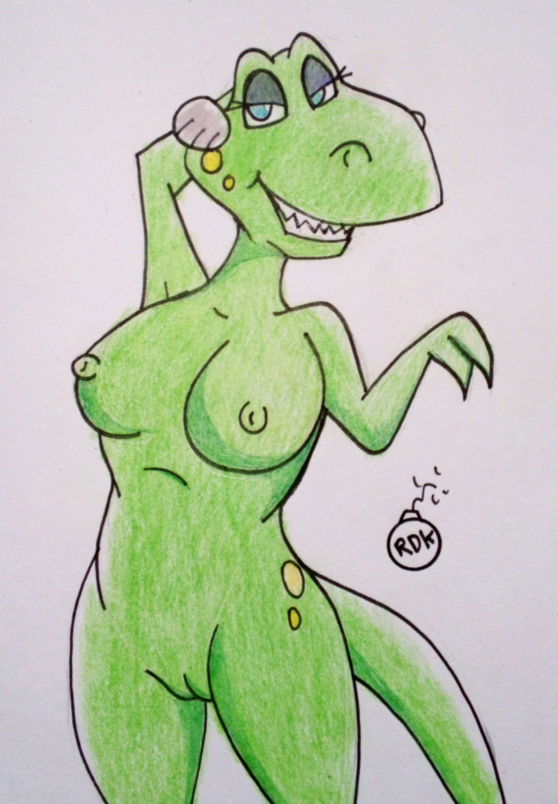 1girl 1girl anthro big_breasts breasts breasts dinosaur dudley_the_dinosaur earrings milf nipples pussy rdk scalie trex