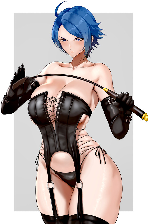 angry_face bare_shoulders big_breasts blue_hair breasts bulging_breasts cleavage corset discipline dominatrix elisabeth_blanctorche frown garter_straps huge_breasts king_of_fighters leather leather_gloves lingerie panties riding_crop side-tie_panties sideboob stockings thick_thighs wide_hips