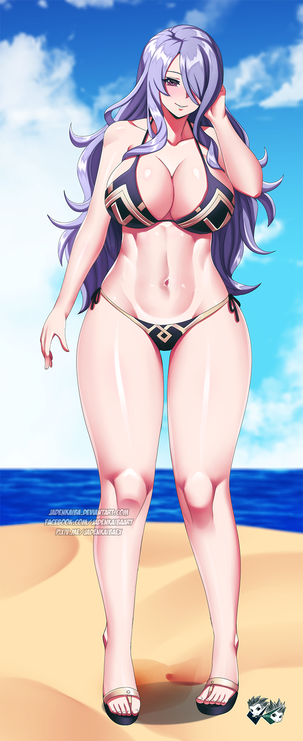 1girl 1girl 1girl alluring alternate_costume bare_arms bare_legs bare_shoulders beach big_breasts big_breasts bikini black_bikini black_swimsuit camilla_(fire_emblem) collarbone female_only fire_emblem fire_emblem_fates hair_over_one_eye jadenkaiba long_hair looking_at_viewer nintendo ocean purple_bikini purple_eyes purple_hair purple_swimsuit sand seaside slight_blush smile swimsuit very_long_hair wavy_hair