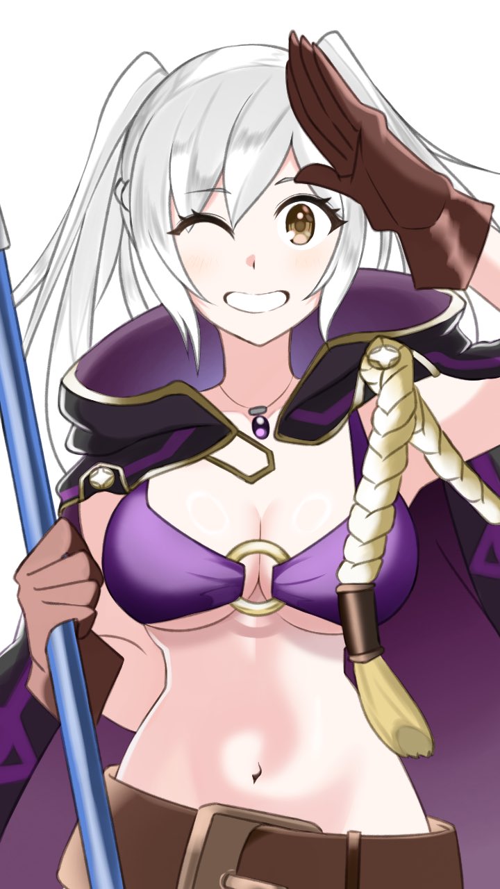 1girl alluring alternate_costume bikini breasts female_only fire_emblem fire_emblem_awakening nintendo official_alternate_costume ondur one_eye_closed purple_bikini purple_swimsuit robin_(female)_(summer)_(fire_emblem) robin_(fire_emblem) robin_(fire_emblem)_(female) swimsuit