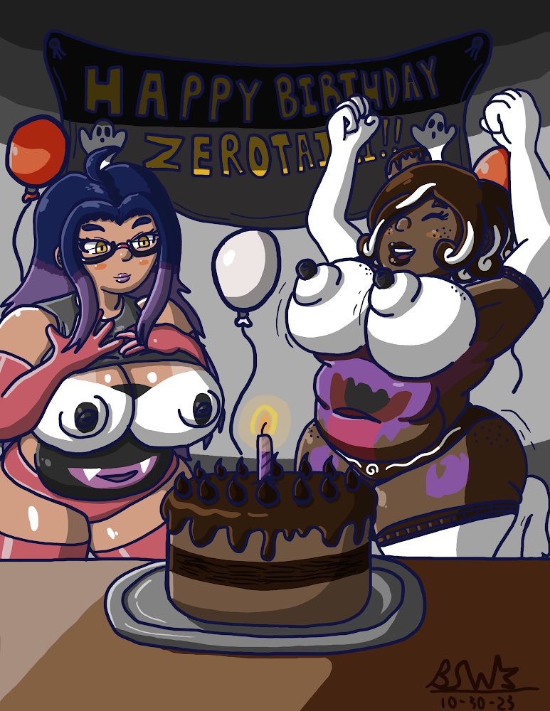 alternate_costume alternate_outfit bbw big_breasts birthday birthday_cake birthday_gift bluestarwishes bodypaint chocolate_cake chubby_female cinnamon_roll cinnamon_sammy_(bluestarwishes) dyed_hair food_creature food_humanoid freckles freckles_on_breasts freckles_on_face gamefreak ghastly gijinka glasses halloween_2023 happy_birthday haunter jiggling_breasts lingerie long_hair nintendo oc original_character pokemon self_upload short_hair stockings topless tummy wholesome wide_hips zerotaichi