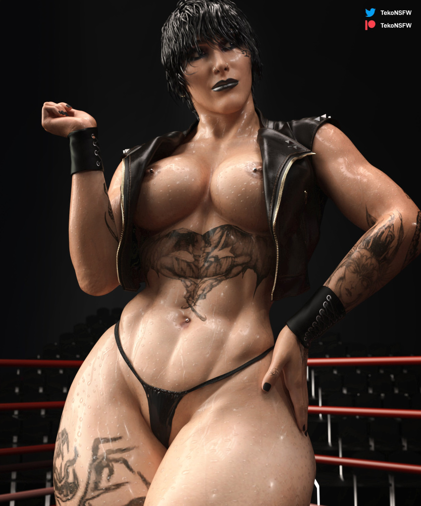 1girl 1girl 3d 3d_(artwork) abdominal_tattoo abs alluring athletic_female barely_clothed big_breasts black_fingernails black_hair black_lipstick breasts eyeshadow female_abs female_focus female_only fit_female goth leather leather_vest lipstick nipple_piercing nipples nose_piercing painted_fingernails painted_nails parody piercing piercings rhea_ripley tattoo tattoos tekonsfw thick_thighs thigh_tattoo thong toned toned_female wet wet_body wet_hair wet_skin wide_hips wrestling_ring wristband wwe wwe_diva