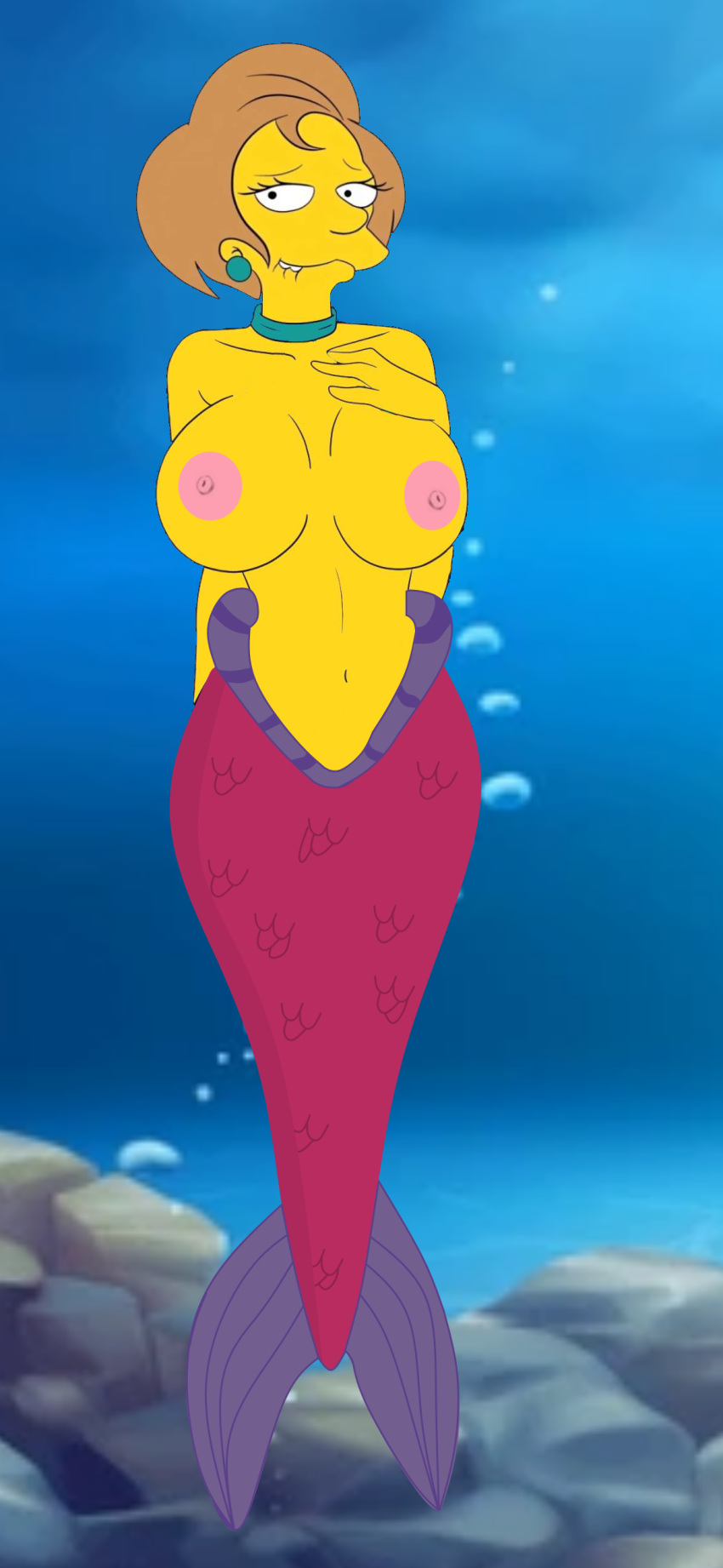 1girl 20th_century_fox big_breasts bubbles deepmaster edna_krabappel female grin horny horny_female looking_at_viewer mature_female mermaid mermaid_girl mermaid_tail naked_female navel nipples nude ocean sea solo the_simpsons yellow_body