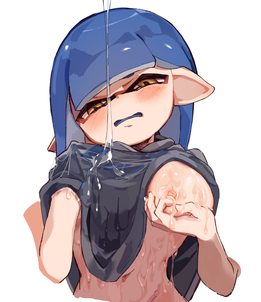 1girl blue_hair blue_tongue blunt_bangs blush breast_hold breasts clothes_lift colored_tongue disembodied_limb fummatsu_soosu grabbing_own_breast grey_hoodie hand_under_clothes hand_under_shirt hood hoodie hoodie_lift inkling inkling_girl lifted_by_self lotion lube medium_breasts navel nipple_tweak nipples no_bra one_breast_out open_mouth pointy_ears shirt solo_female splatoon_(series) tentacle_hair white_background yellow_eyes