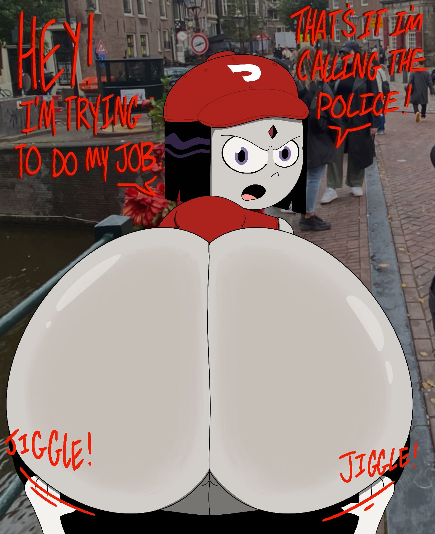 1girl angry angry_face ass ass_focus big_ass bubble_ass bubble_butt cartoon_network clothing dat_ass dc dialogue doordash english_text female huge_ass jiggle jiggling_ass looking_at_viewer looking_back looking_back_at_viewer mostly_nude pants_down pants_pulled_down pulling_down_pants pussy pussy_peek rachel_roth raven_(dc) real_life_background sexual_harassment solo_focus tagme talking_to_viewer teen_titans teen_titans_go text theslashfive