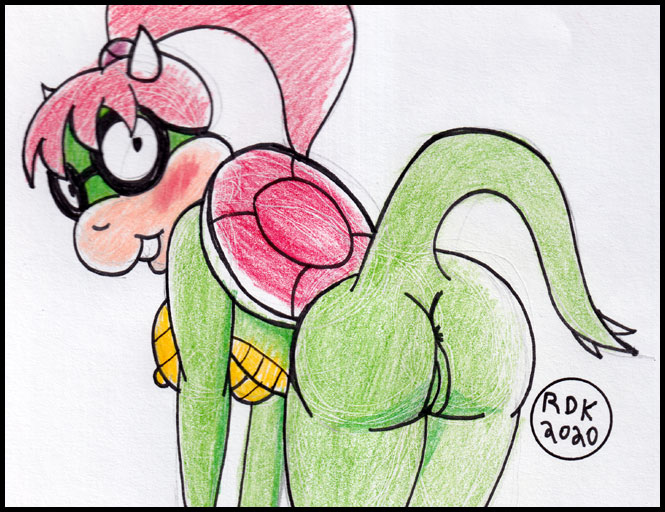 1girl ass ass bent_over female_only glasses horns koopa looking_back original_character piper_koopa ponytail pussy red_hair smile tail