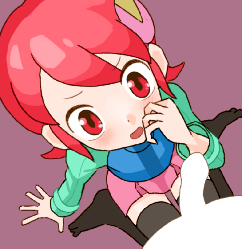 1boy 1girl aqua_shirt black_thighhighs blue_vest capcom from_above hair_ornament hand_up imminent_fellatio long_sleeves looking_at_viewer mayl_sakurai miniskirt open_mouth penis pink_skirt purple_background red_eyes red_hair rockman_exe sakurai_meiru shirt short_hair sicky_(pit-bull) simple_background skirt solo_focus stockings vest zettai_ryouiki