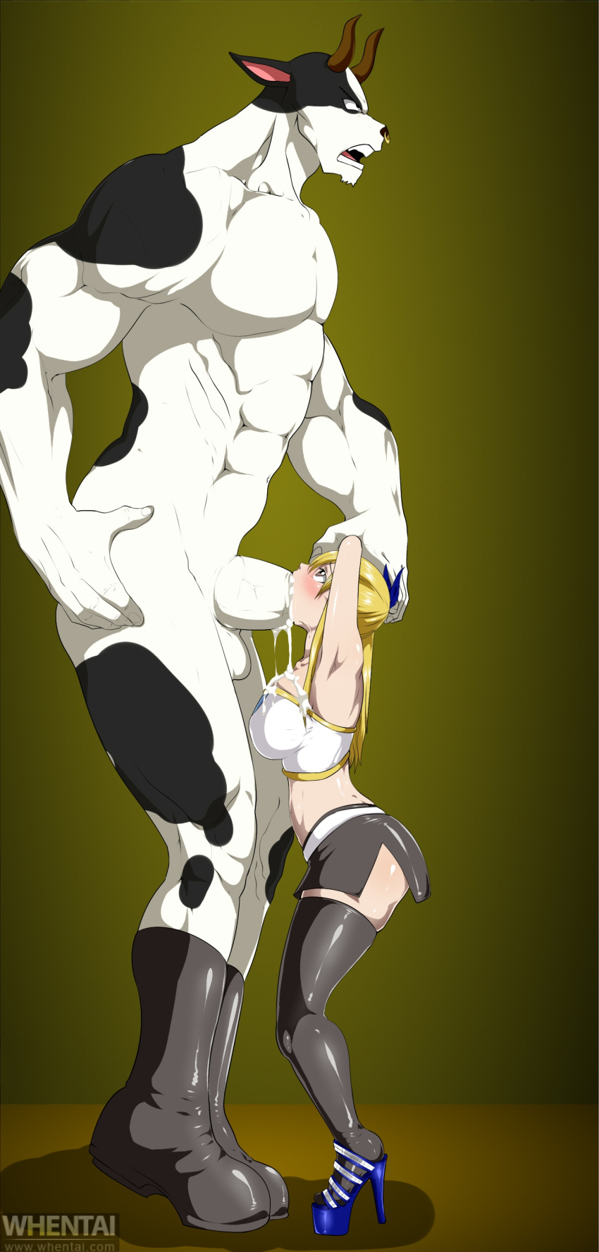 1boy 1girl big_breasts black_socks blonde_hair blue_high_heels bovine breasts celestial_spirit_(fairy_tail) clothed_female cow_print ed-jim fairy_tail female_focus high_heels high_res human long_hair lucy_heartfilia male male/female size_difference socks solo_female stockings stomach_bulge tagme taurus_(fairy_tail) teen thigh_socks torn_clothes whentai