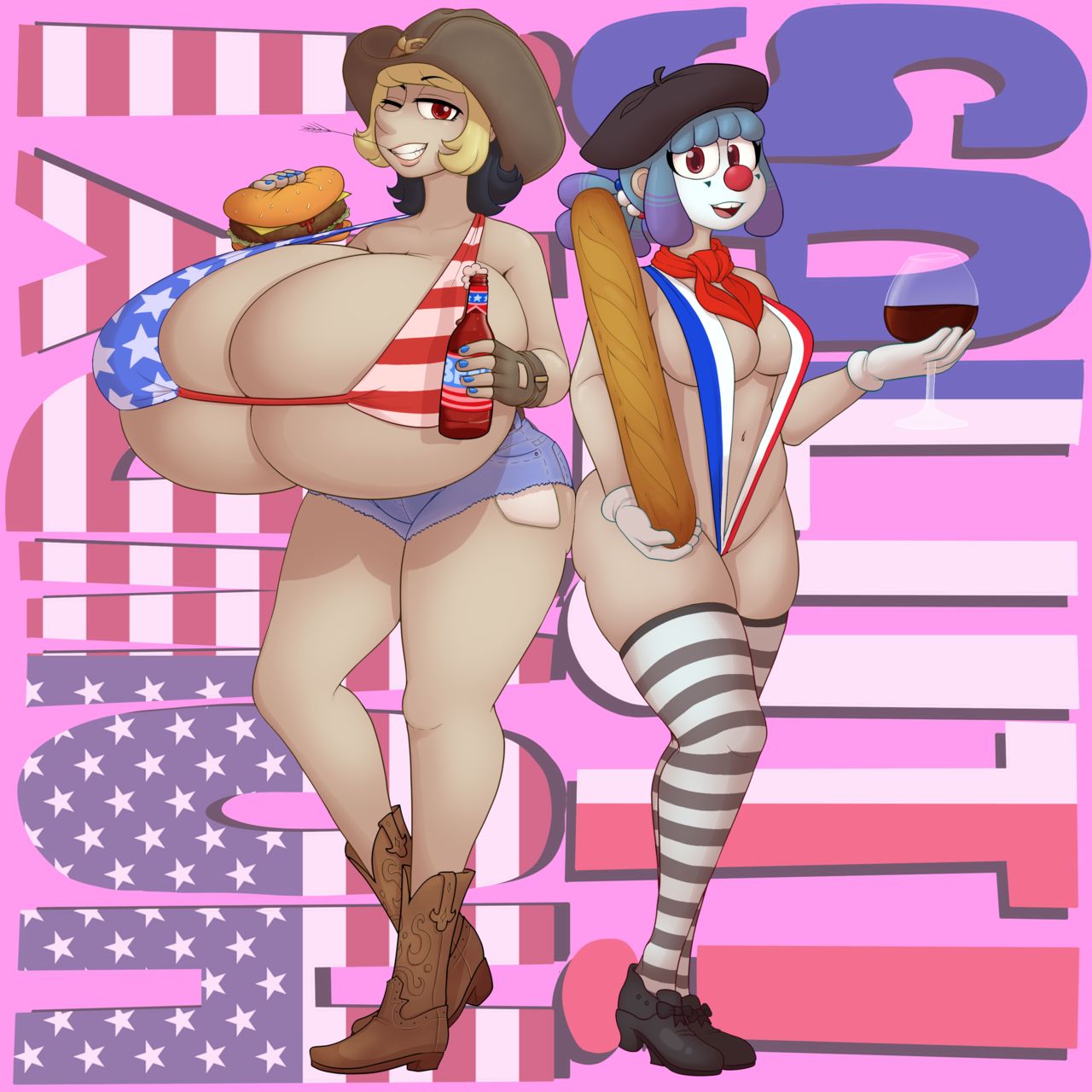 american baguette big_breasts blue_hair blush breasts burger cleavage clown_girl fizzie_(vendant) french high_res hotpants huge_breasts large_ass multicolored_hair navel ponytail red_eyes stockings string_bikini thick_thighs under_boob vendant wine zoey_(vendant)